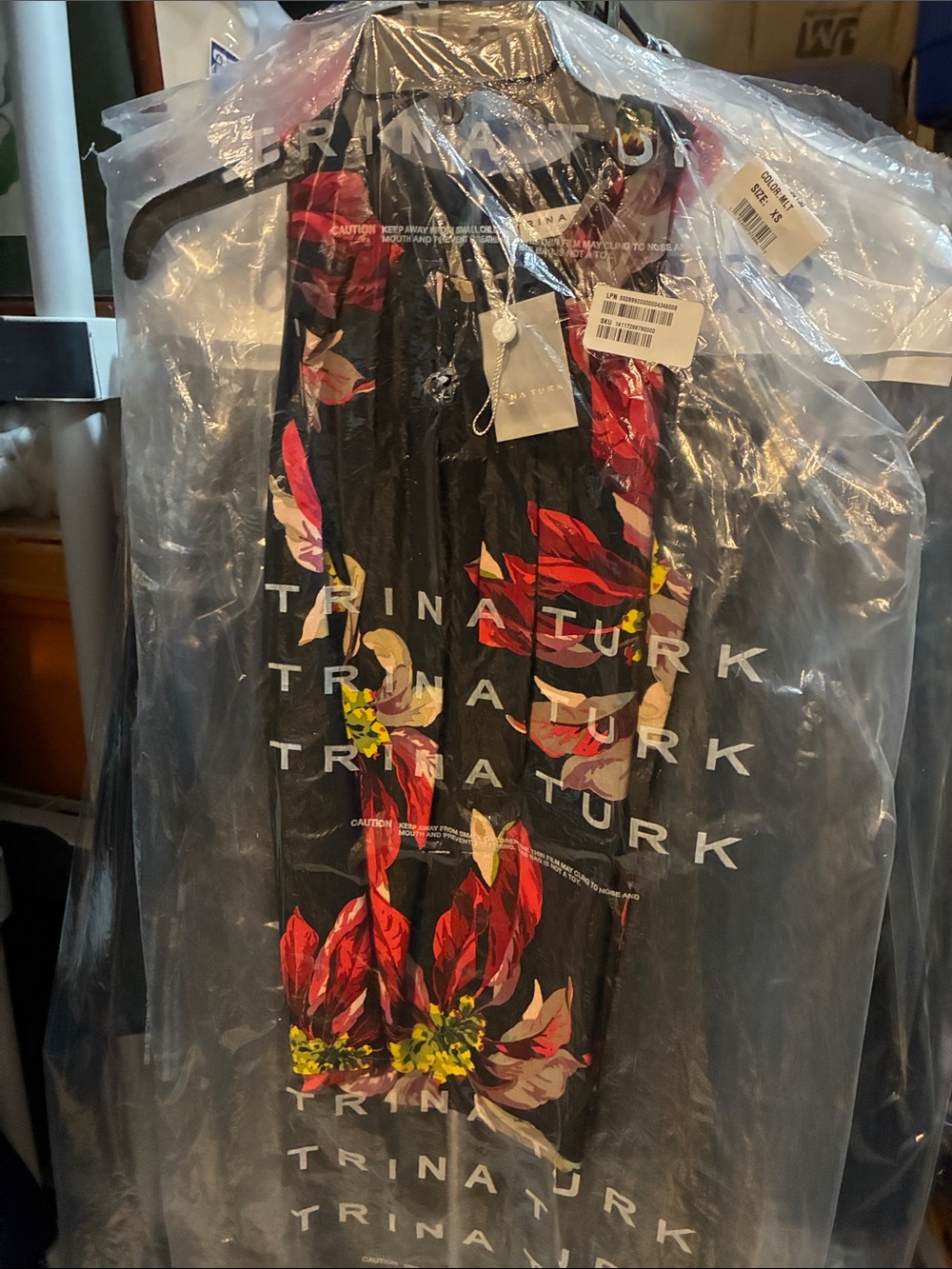 Trina Turk Black Floral Halter Tunic with Red and Yellow Accents
